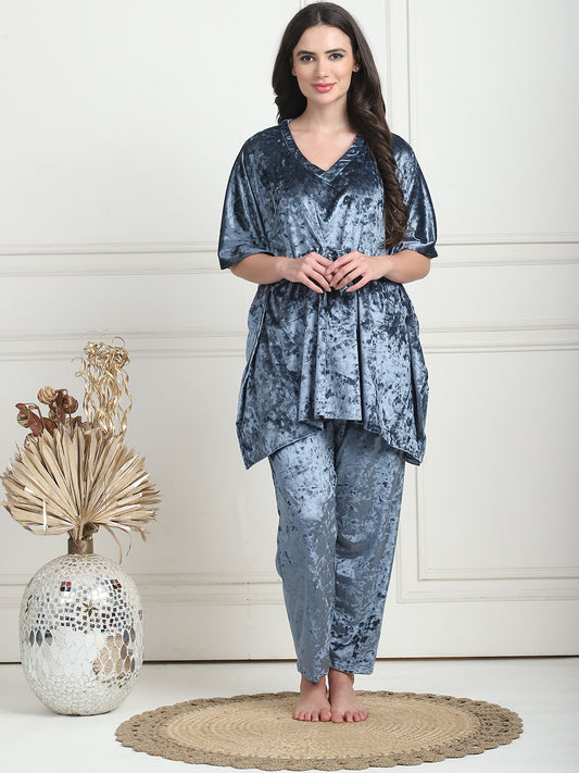 Metallic Blue Ice Velvet Kaftan Lounge Set