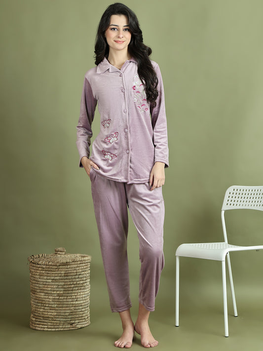 Lavender Embroidery Velvet Lounge Set