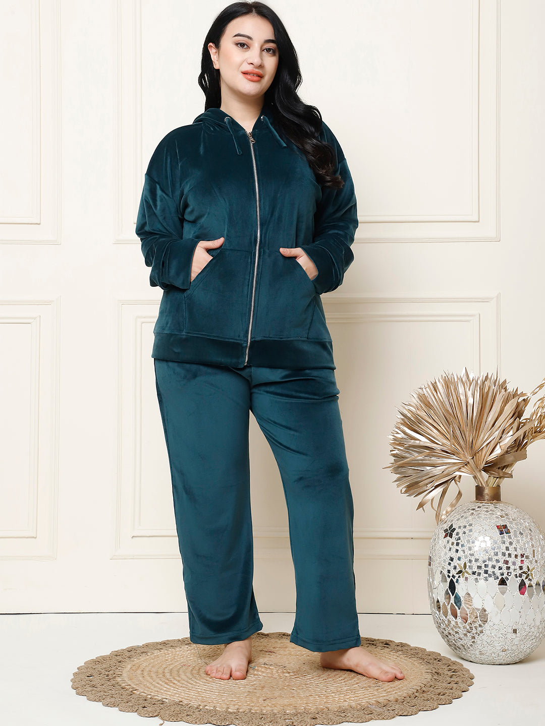Bottle Green Velvet Hoodie Lounge Set