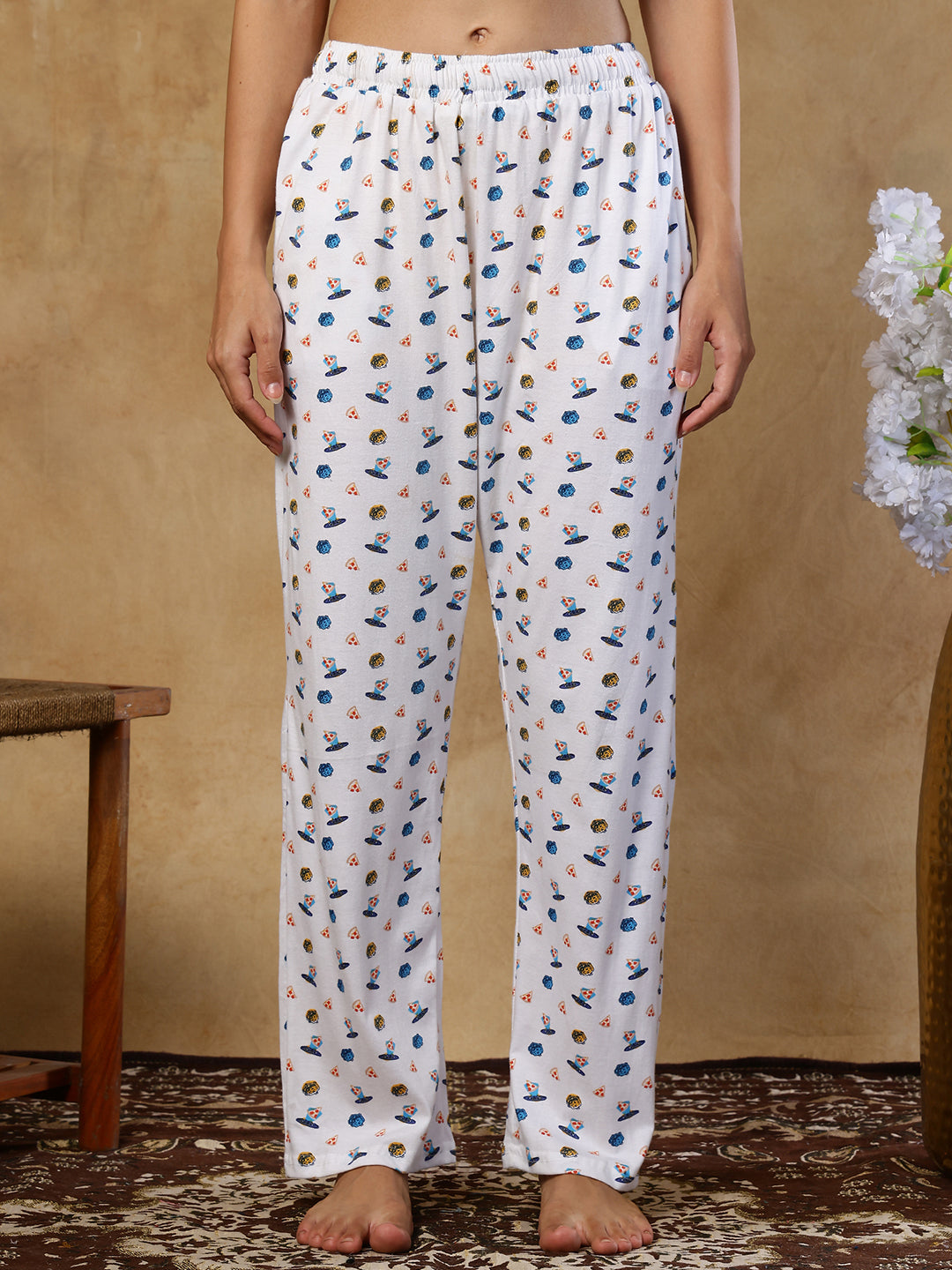White  Spaceship Cotton Hosiery Lounge Pant