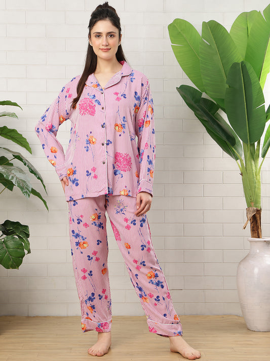 Blooming Stripe Collar Night Suit