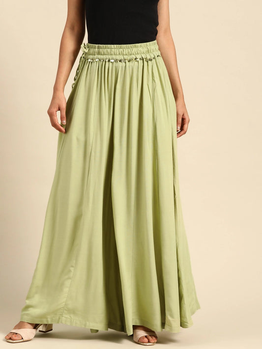 Pista Green rayon double flared palazzo