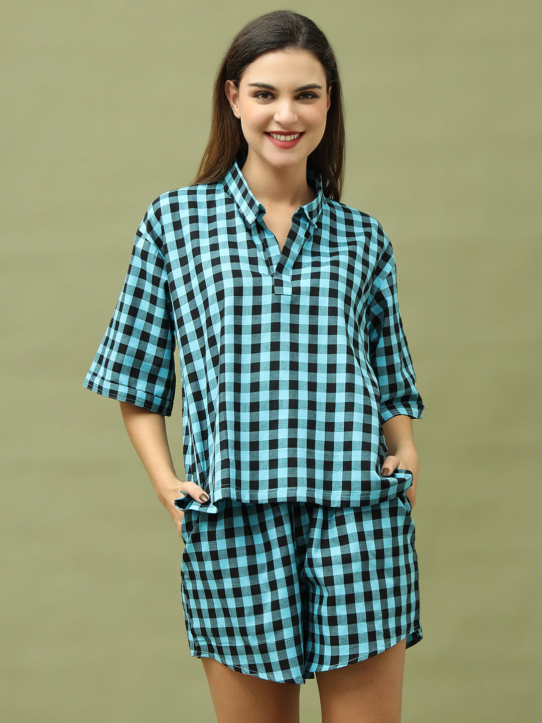 Blue Black Checks Top and Shorts Set