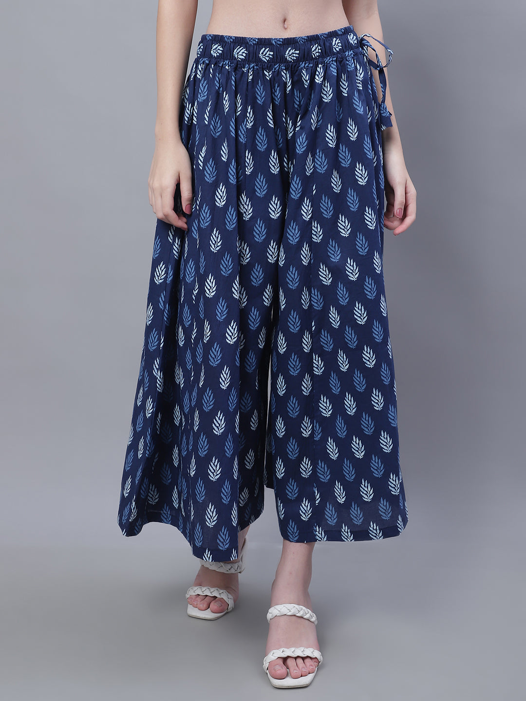 Indigo Blue Leaf Cotton Print Flared Palazzo