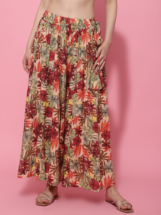 Multi Floral Print Rayon Flared Palazzo