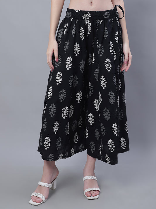Black Block Cotton Print Flared Palazzo