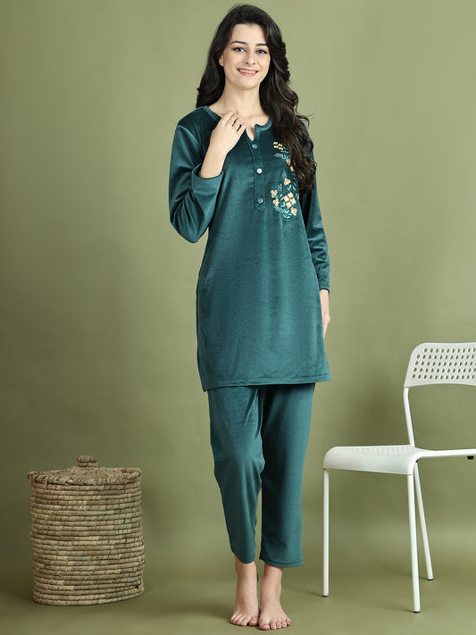 Bottle Green Embroidery Velvet Lounge Set