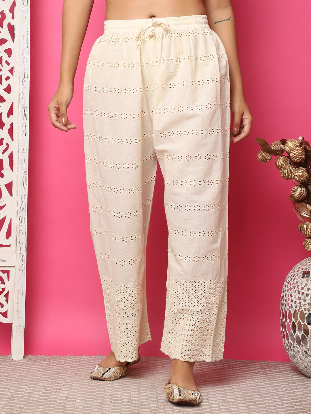Cream Panel Flower Schiffli Cotton Palazzo