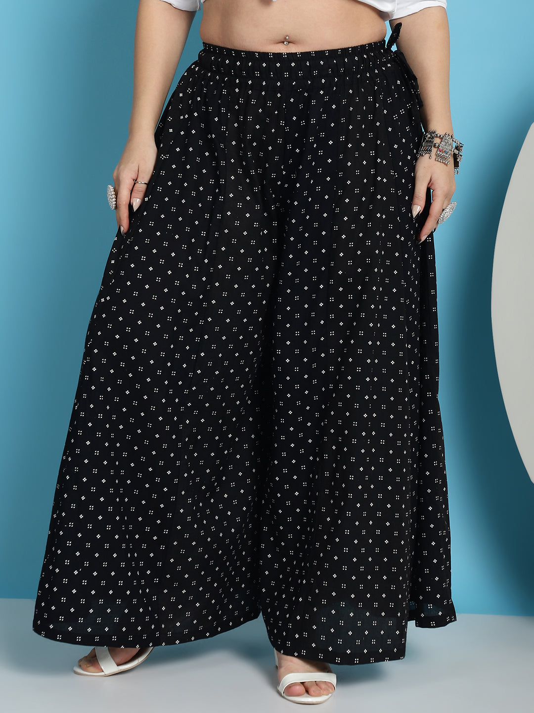 Black Printed Cotton Flared Kali Palazzo