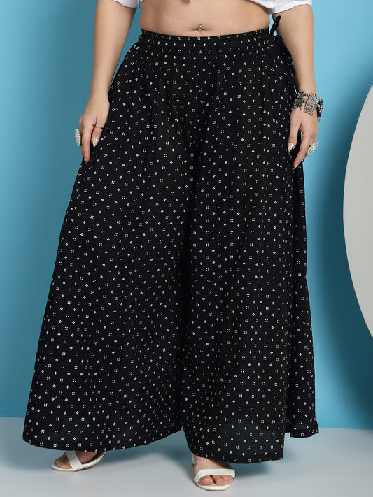 Black Printed Cotton Flared Kali Palazzo