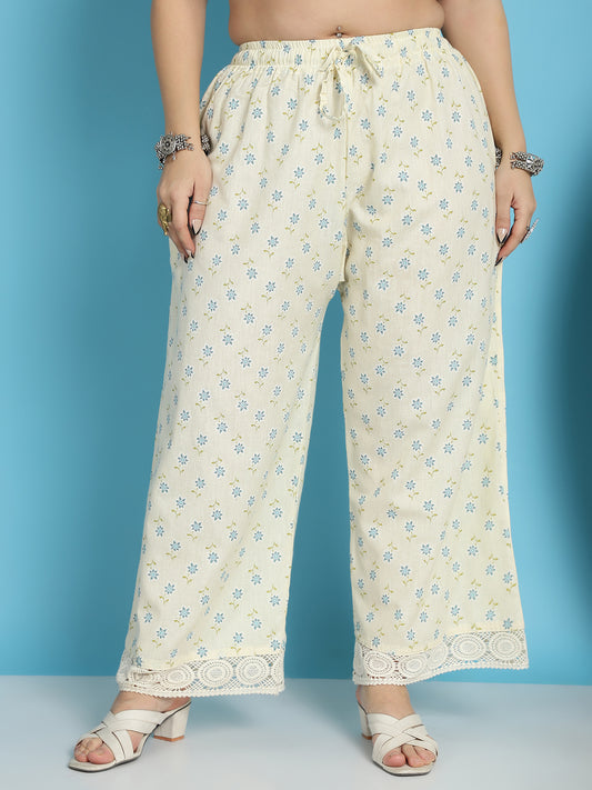 White Blue Booti Cotton Flax Crotchet Lace Palazzo