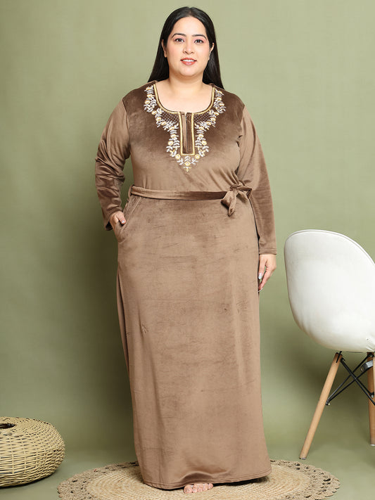 Brown Embroidery Velvet Night Dress