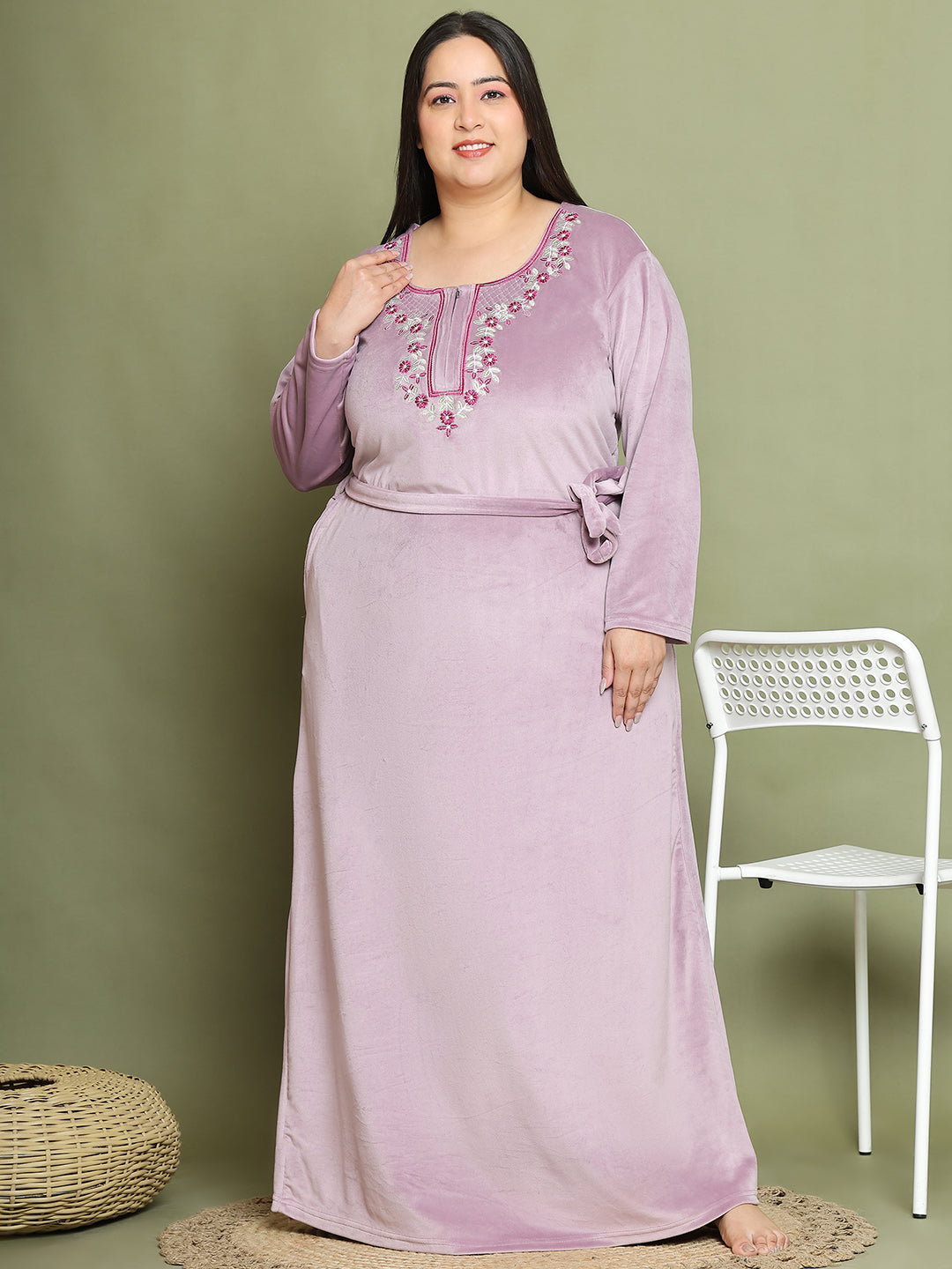 Lavender Embroidery Velvet Night Dress