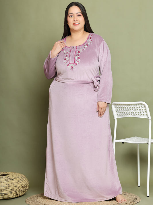 Lavender Embroidery Velvet Night Dress
