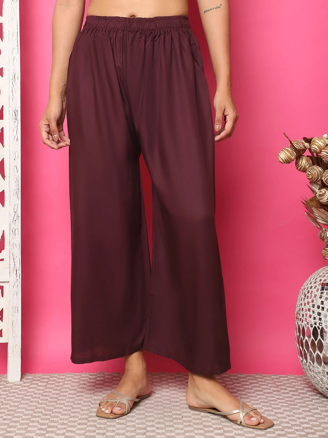 Wine Solid Rayon Palazzo