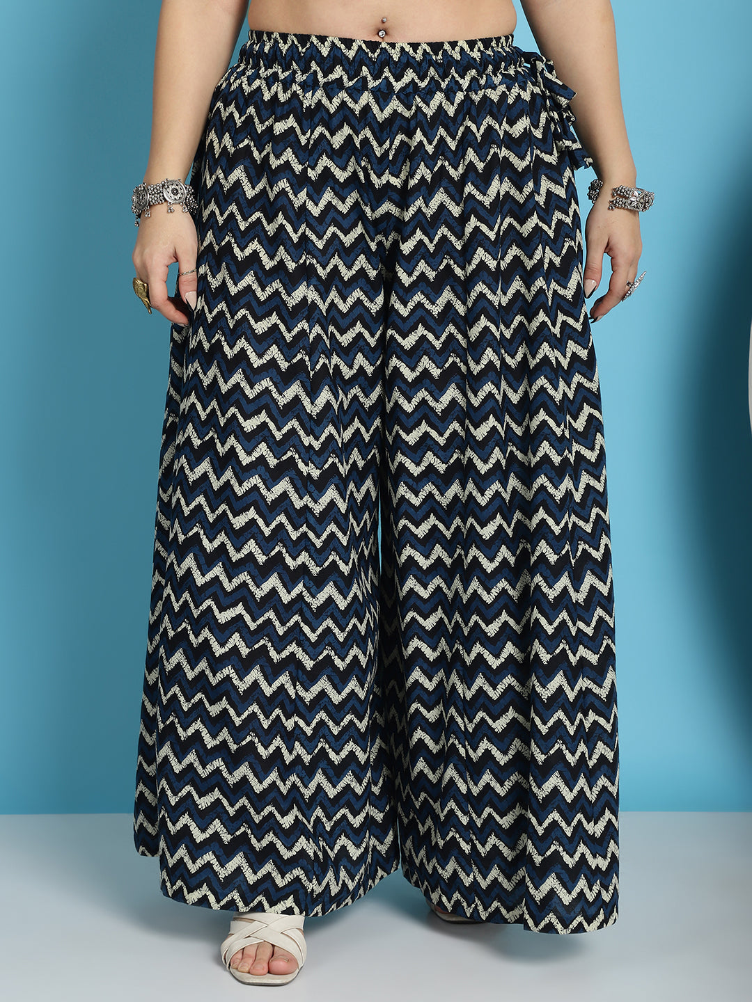 Blue Zig Zag Cotton Flared Kali Palazzo