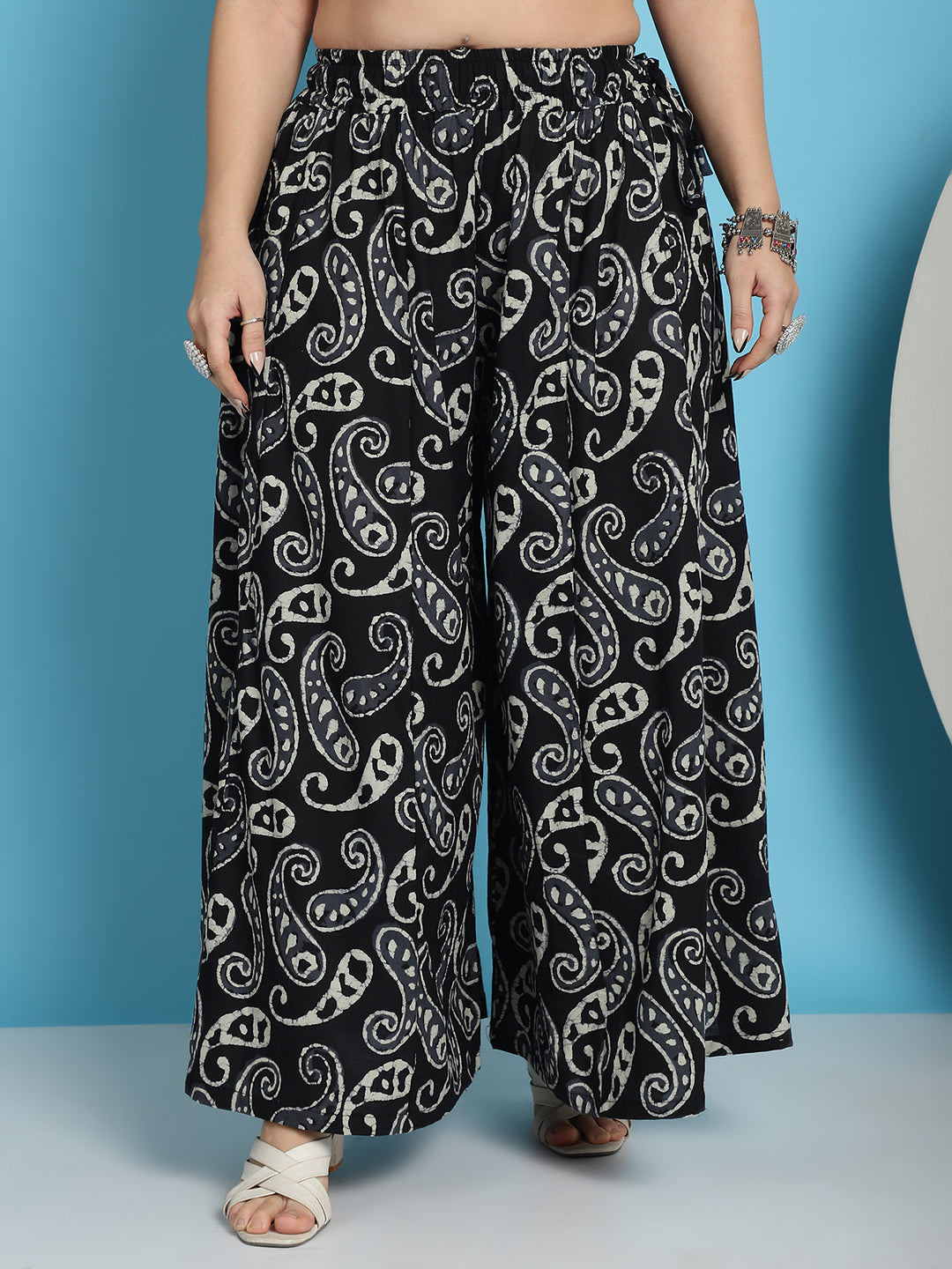 Black Paisley Printed Cotton Flared Kali Palazzo