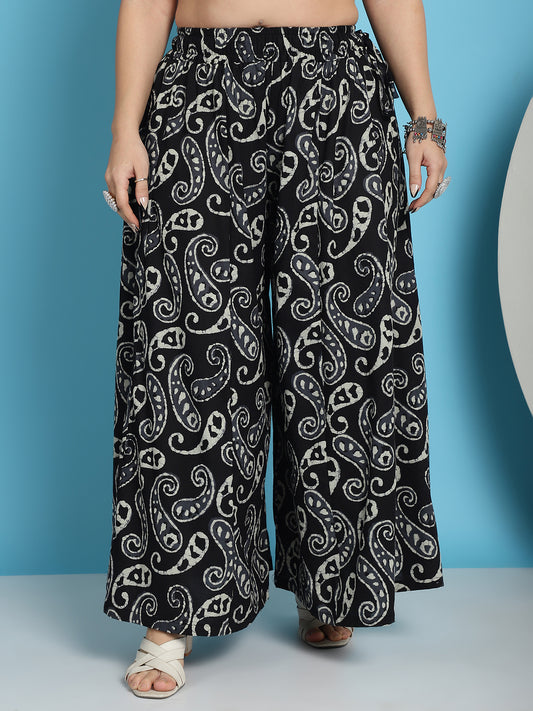 Black Paisley Printed Cotton Flared Kali Palazzo