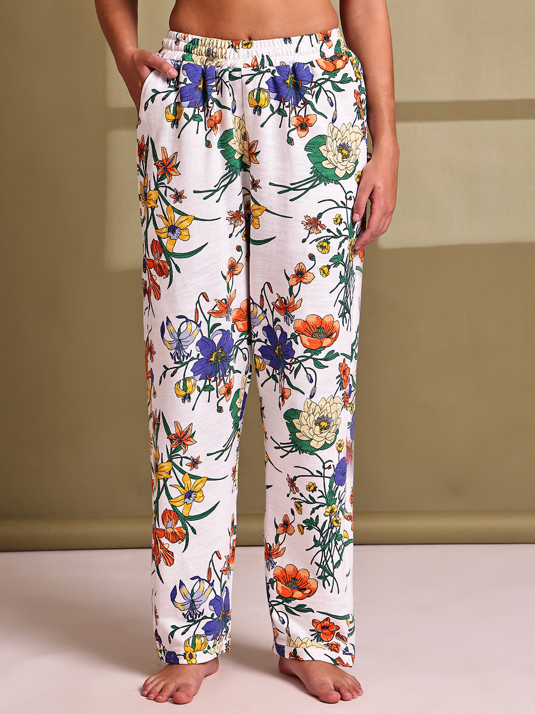 White flower Cotton Hosiery Lounge Pant