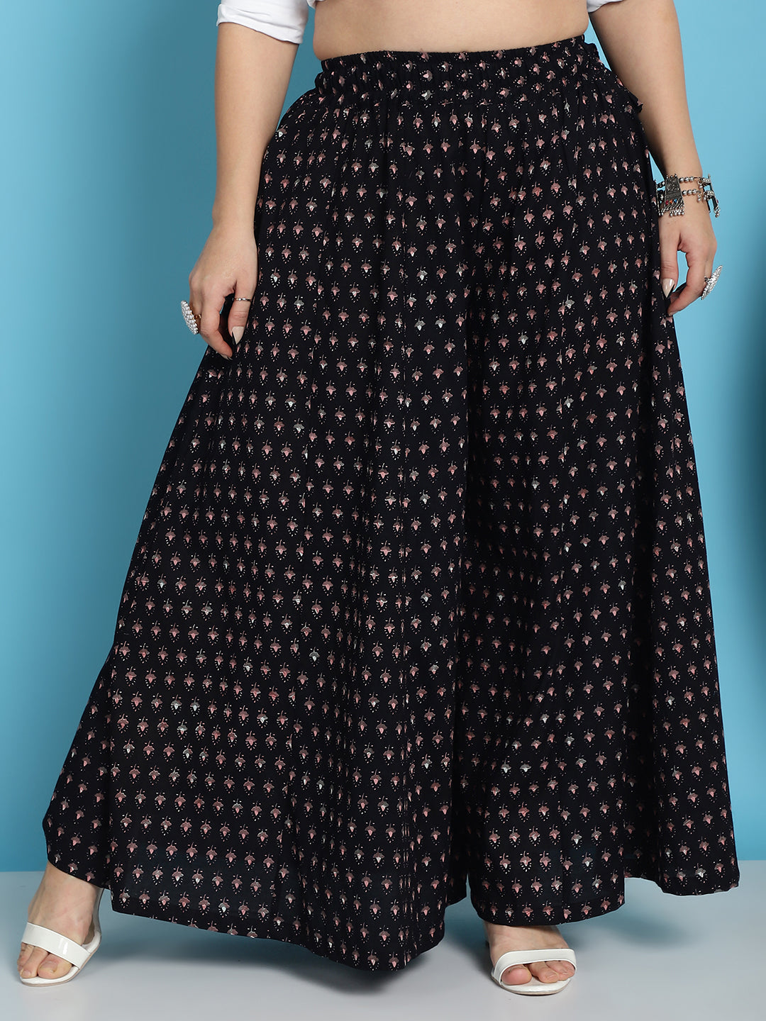 Black Printed Cotton Flared Kali Palazzo