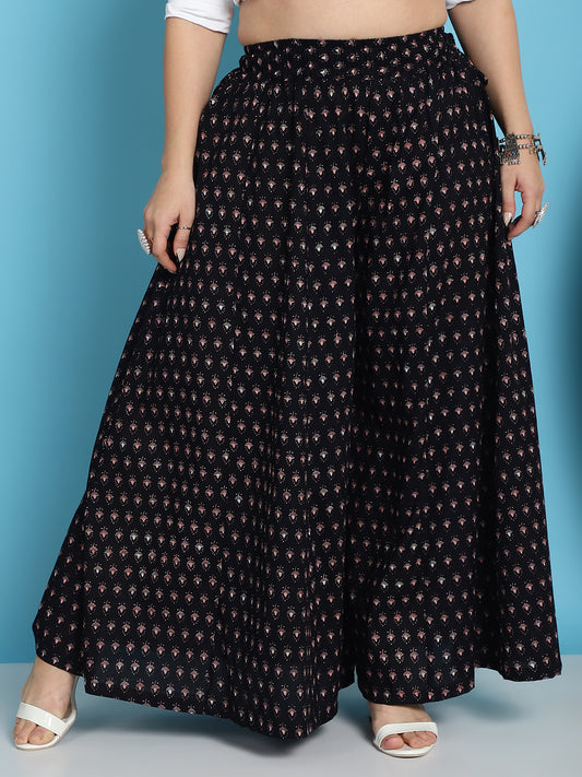 Black Printed Cotton Flared Kali Palazzo