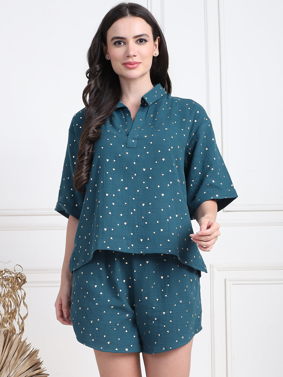 Dark Green Foil Print and Shorts Set