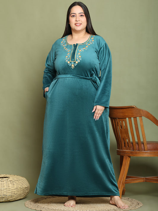Bottle Green Embroidery Velvet Night Dress