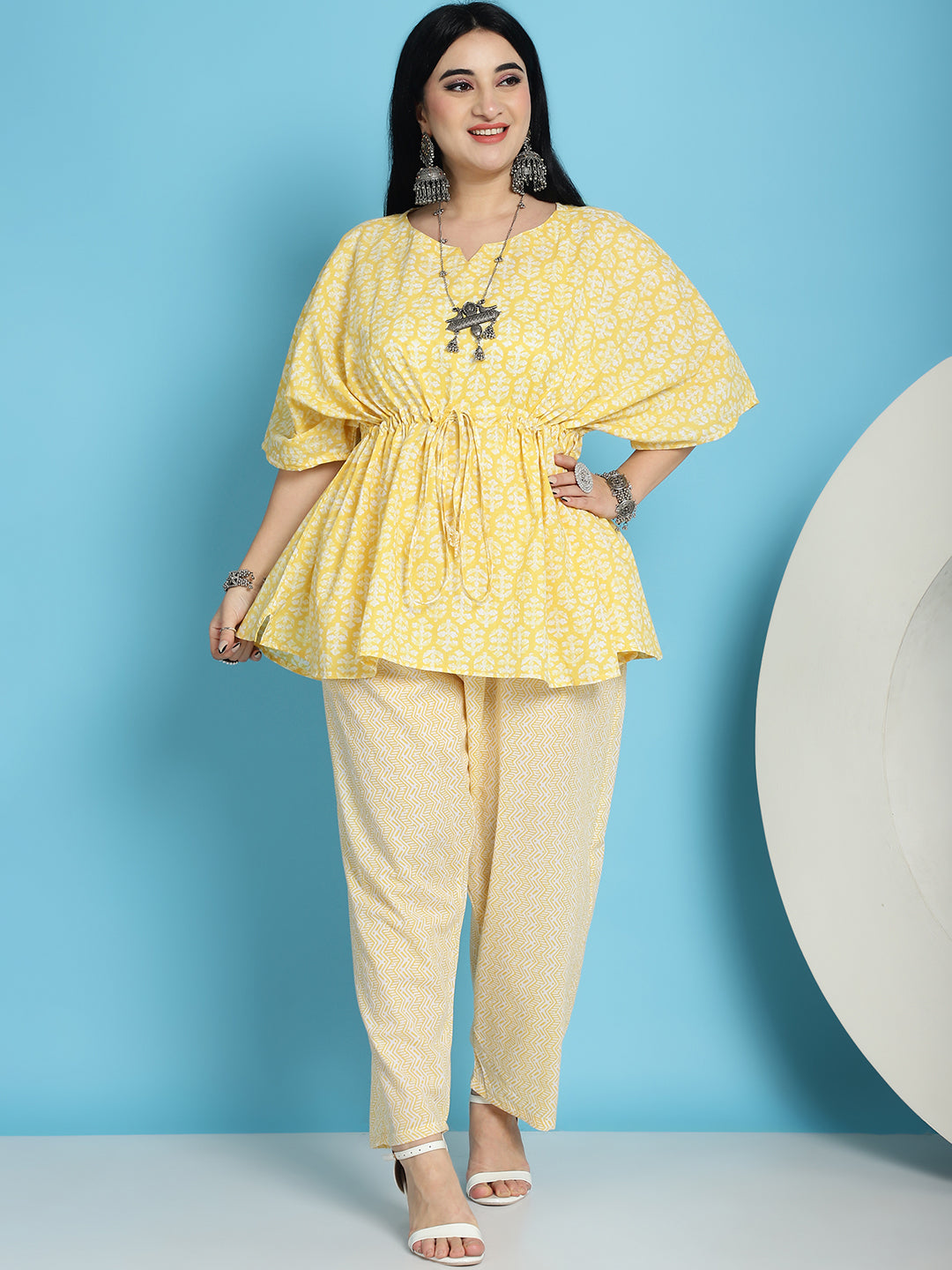 Plus Size Yellow Printed Cotton Kaftan And Pant Set