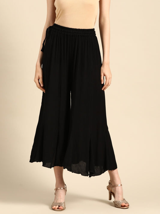 Black rayon crushed flared palazzo