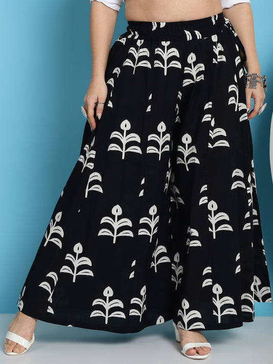 Black Block Print Cotton Flared Kali Palazzo