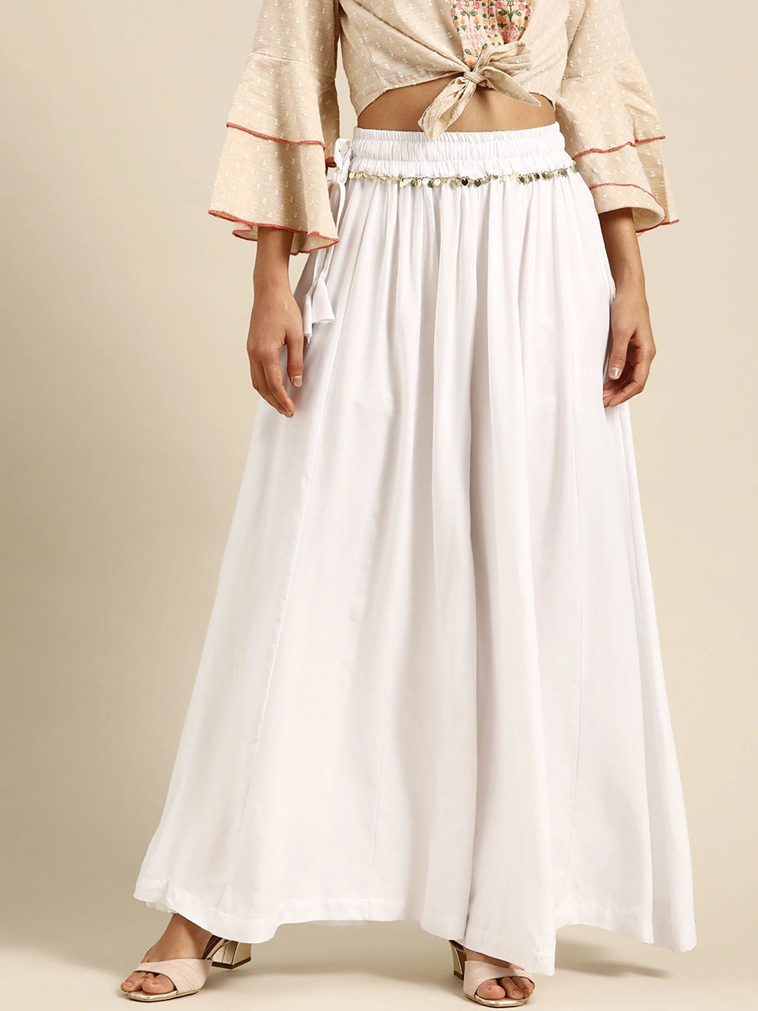 White rayon double flared palazzo