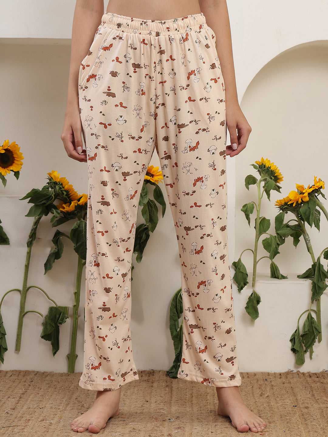 Beige Squirrel Printed Cotton Lounge Pant