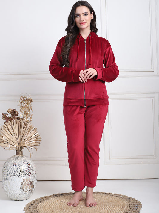 Maroon Velvet Hoodie Lounge Set
