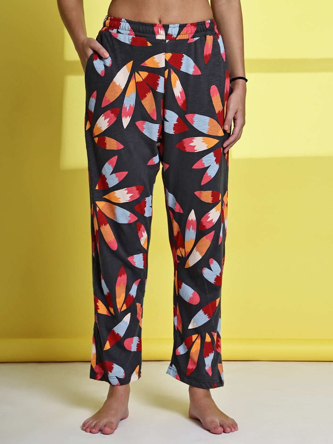 Grey Flower Cotton Hosiery Lounge Pant