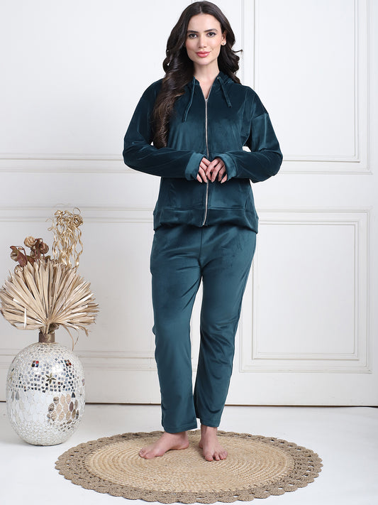 Bottle Green Velvet Hoodie Lounge Set