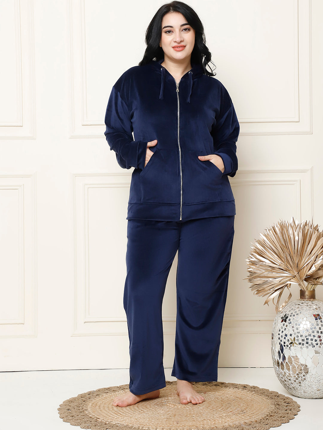 Navy Blue Velvet Hoodie Lounge Set