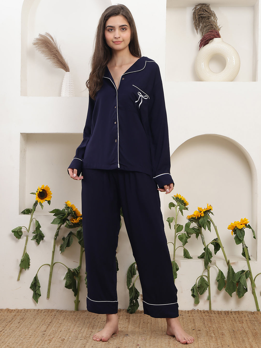 Soft Girl Bow Embroidery Night Suit