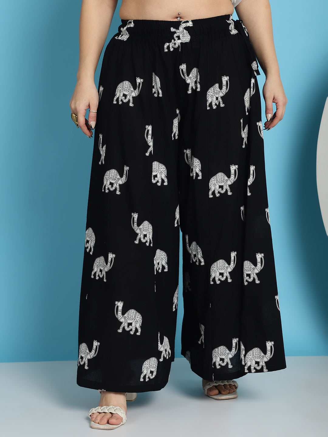 Black Camel Print Cotton Flared Kali Palazzo