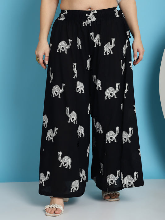 Black Camel Print Cotton Flared Kali Palazzo