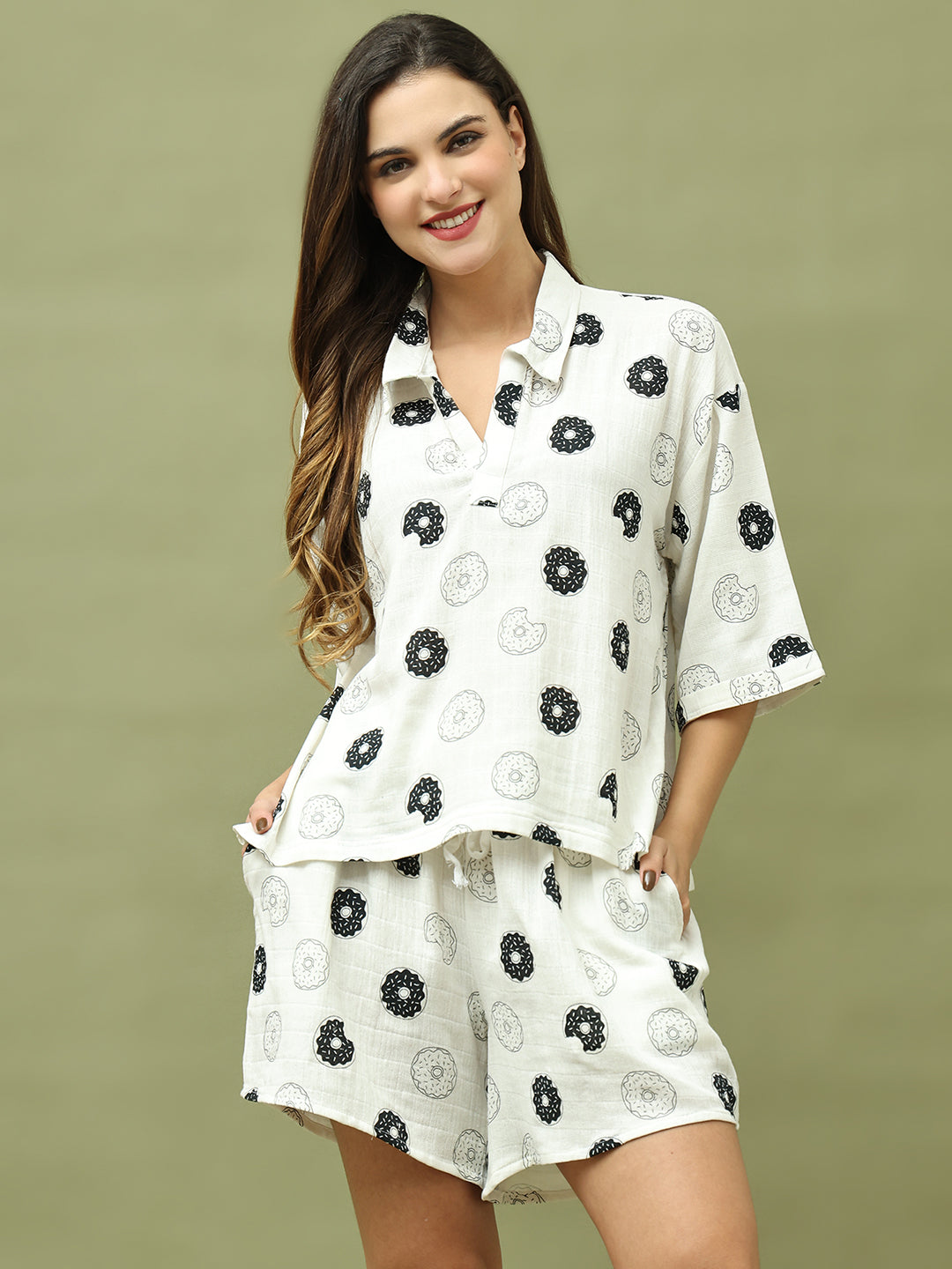 White and Black Print and Shorts Set