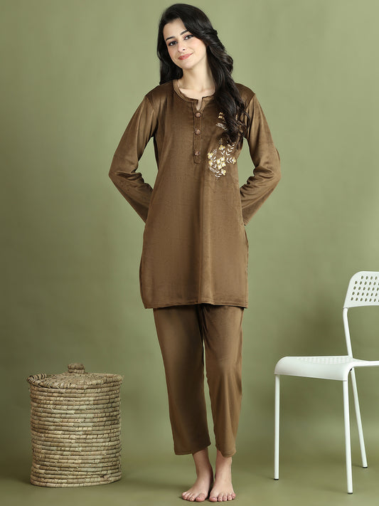 Brown Embroidery Velvet Lounge Set