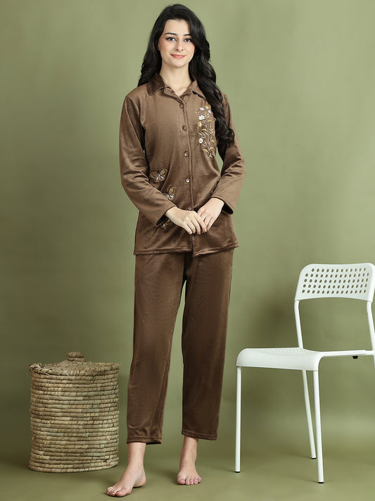 Brown Embroidery Velvet Lounge Set