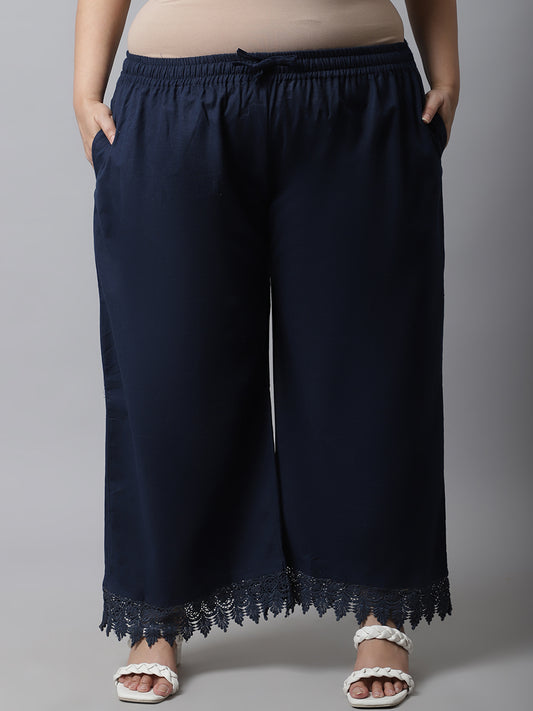 Navy Blue Crotchet Lace Cotton Flax Plus Palazzo