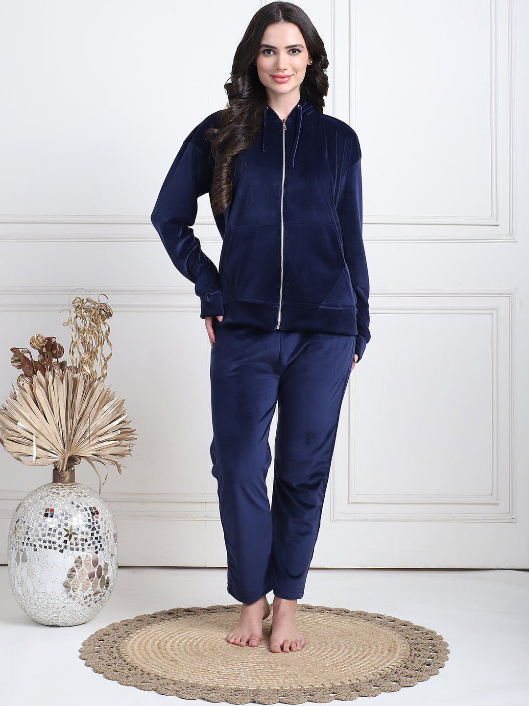Navy Blue Velvet Hoodie Lounge Set