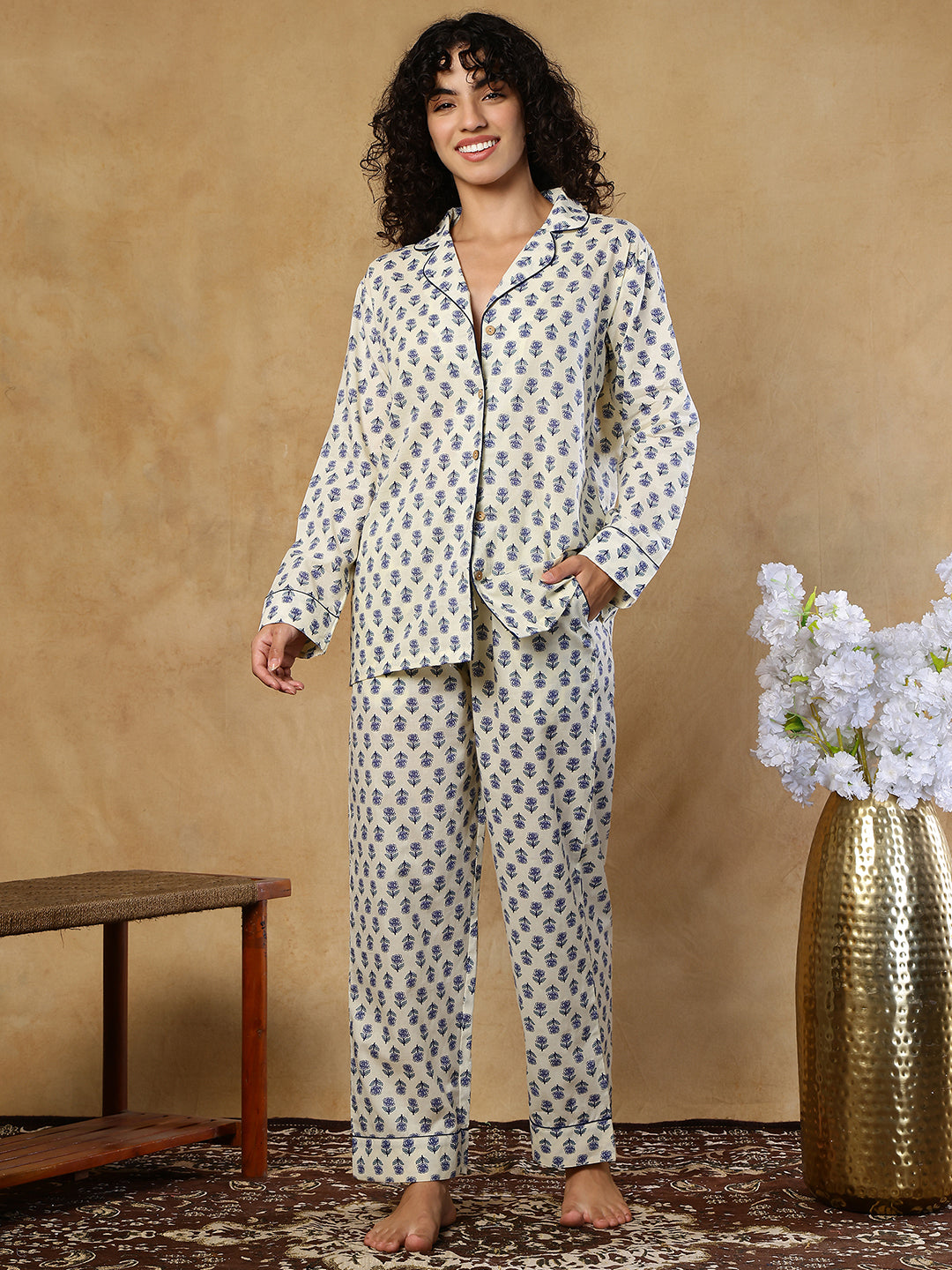 Indigo Rosette Booti Collar Night Suit