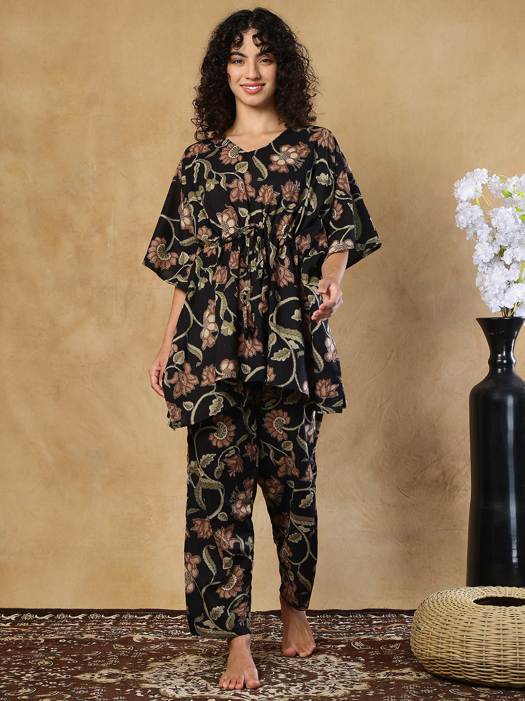 Midnight Blossom Cotton Kaftan Set