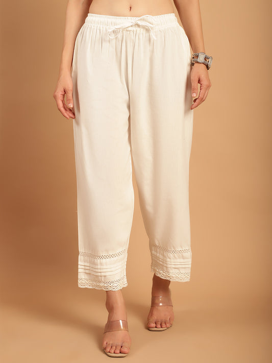 White Crotchet Lace Pintex Hem Design Cotton Flax Palazzo