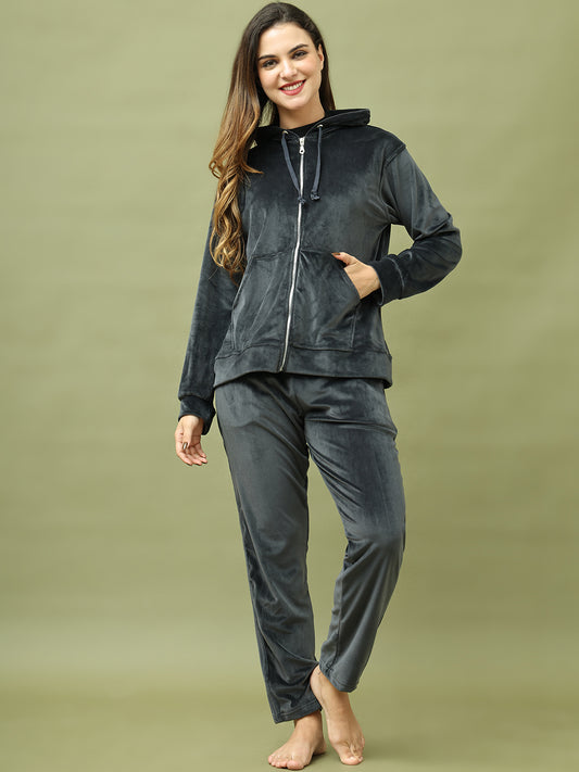Dark Grey Velvet Hoodie Lounge Set