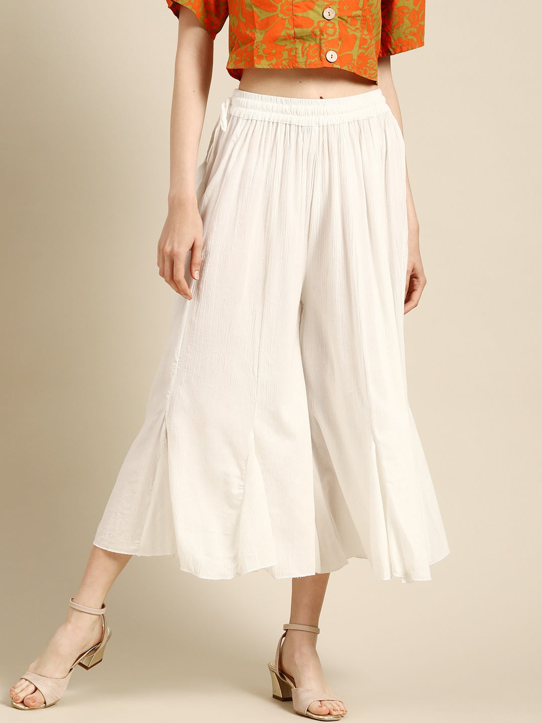 White rayon crushed flared palazzo