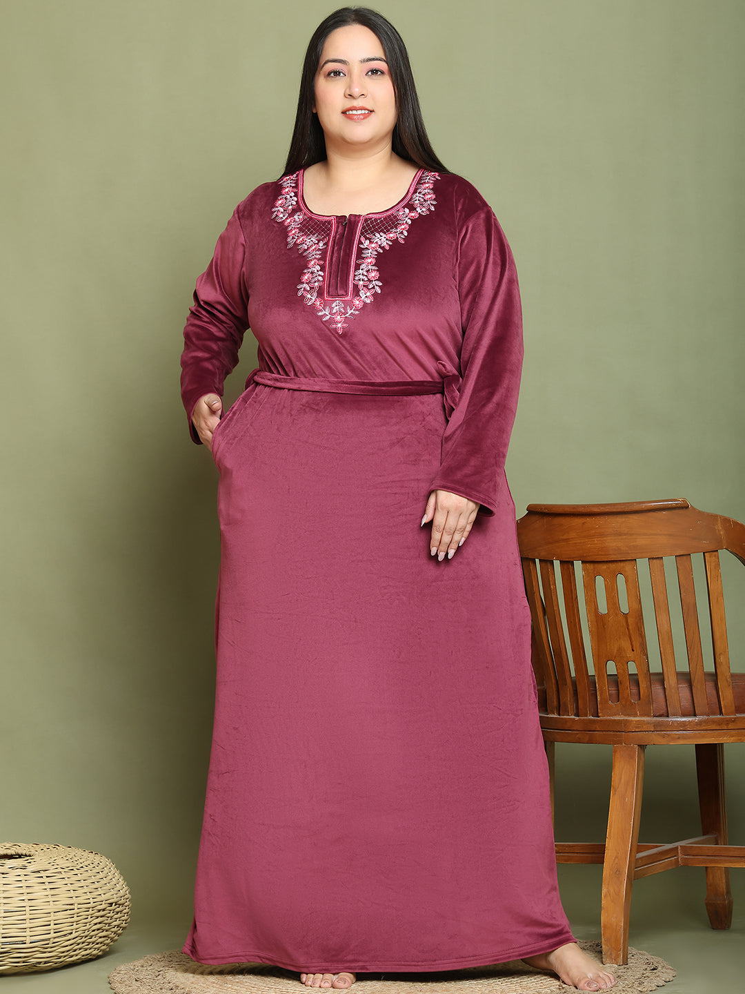 Wine Embroidery Velvet Night Dress
